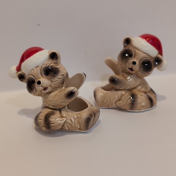 Vintage Lund's Lites Brand Christmas Racoon Candle Huggers - Set Of Two - Small - Picture 1 of 4